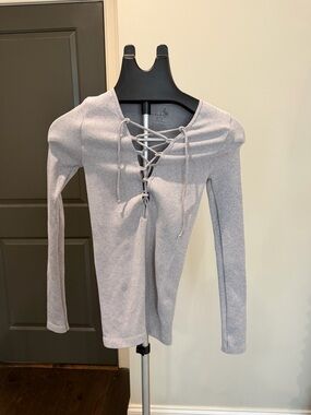 Free People Light Gray Lace-Up Long Sleeve Top